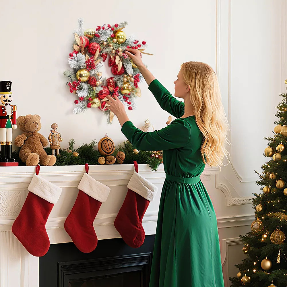 24-Inch Pre-Lit Christmas Wreath for Front Door with Ball Ornaments and Berries