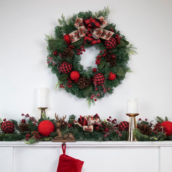 Northlight Pine Artificial Christmas Wreath with Bows and Plaid Ornaments - 24" - Unlit