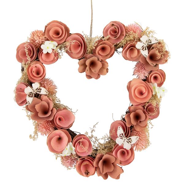 10" Pink Wooden Heart Wreath with Roses and Butterflies Spring Floral Wall Decor