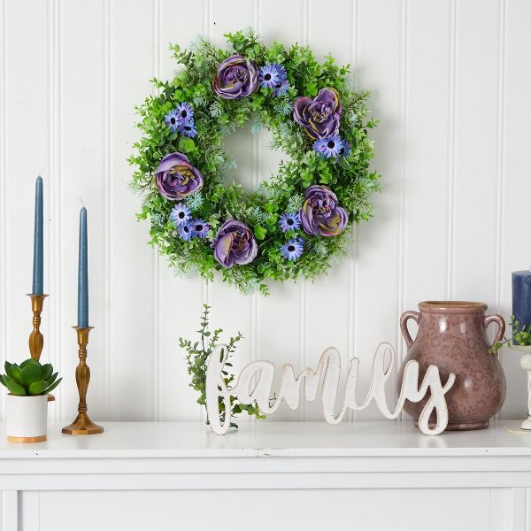 Nearly Natural 22-in Purple Rose Blue Daisy Greens Artificial Wreath