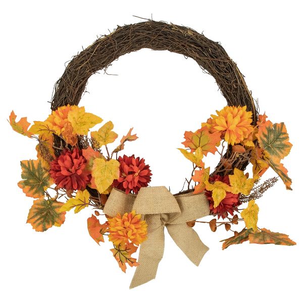 20" Fall Twig Wreath with Mum Flowers and Foliage Unlit Thanksgiving Decor