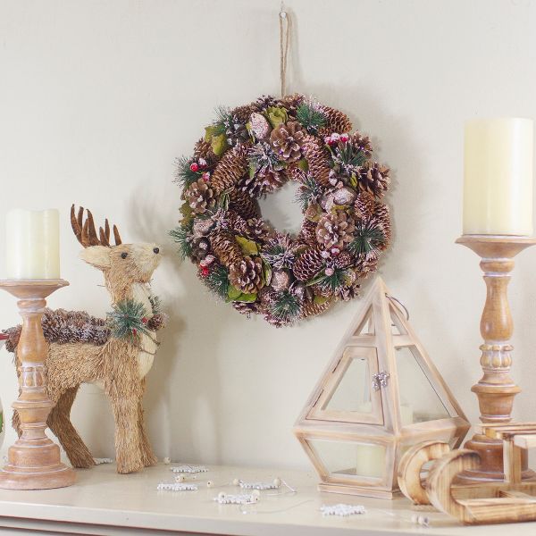 13-Inch Green and Brown Frosted Pinecones and Bells Christmas Wreath – Unlit Artificial Holiday Décor