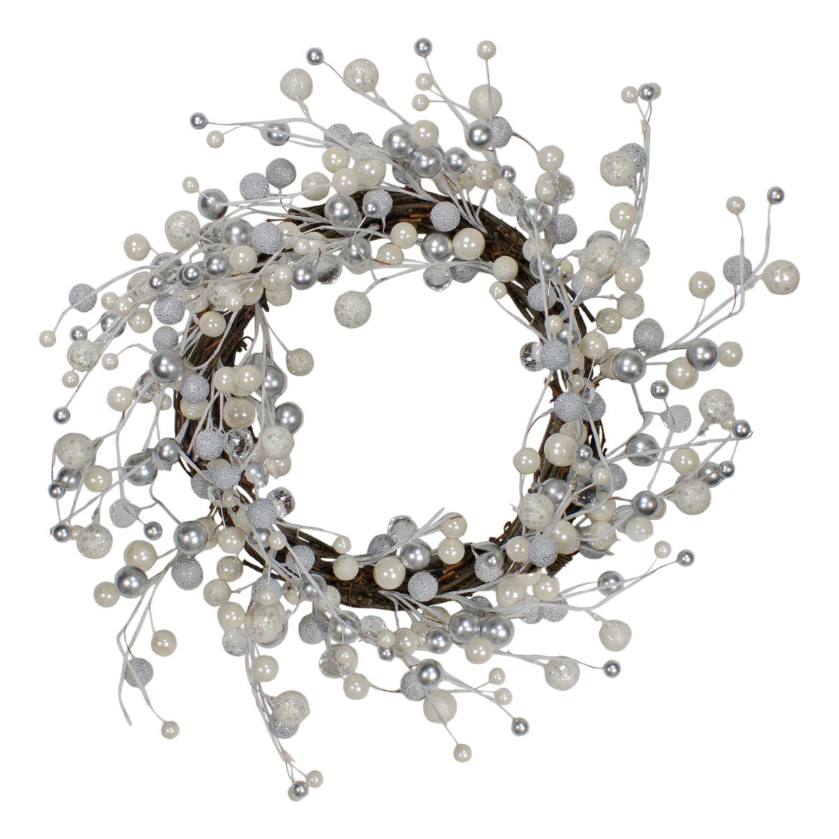 Northlight 20" Silver and White Berry Glittered Artificial Christmas Twig Wreath – Unlit Holiday Decoration