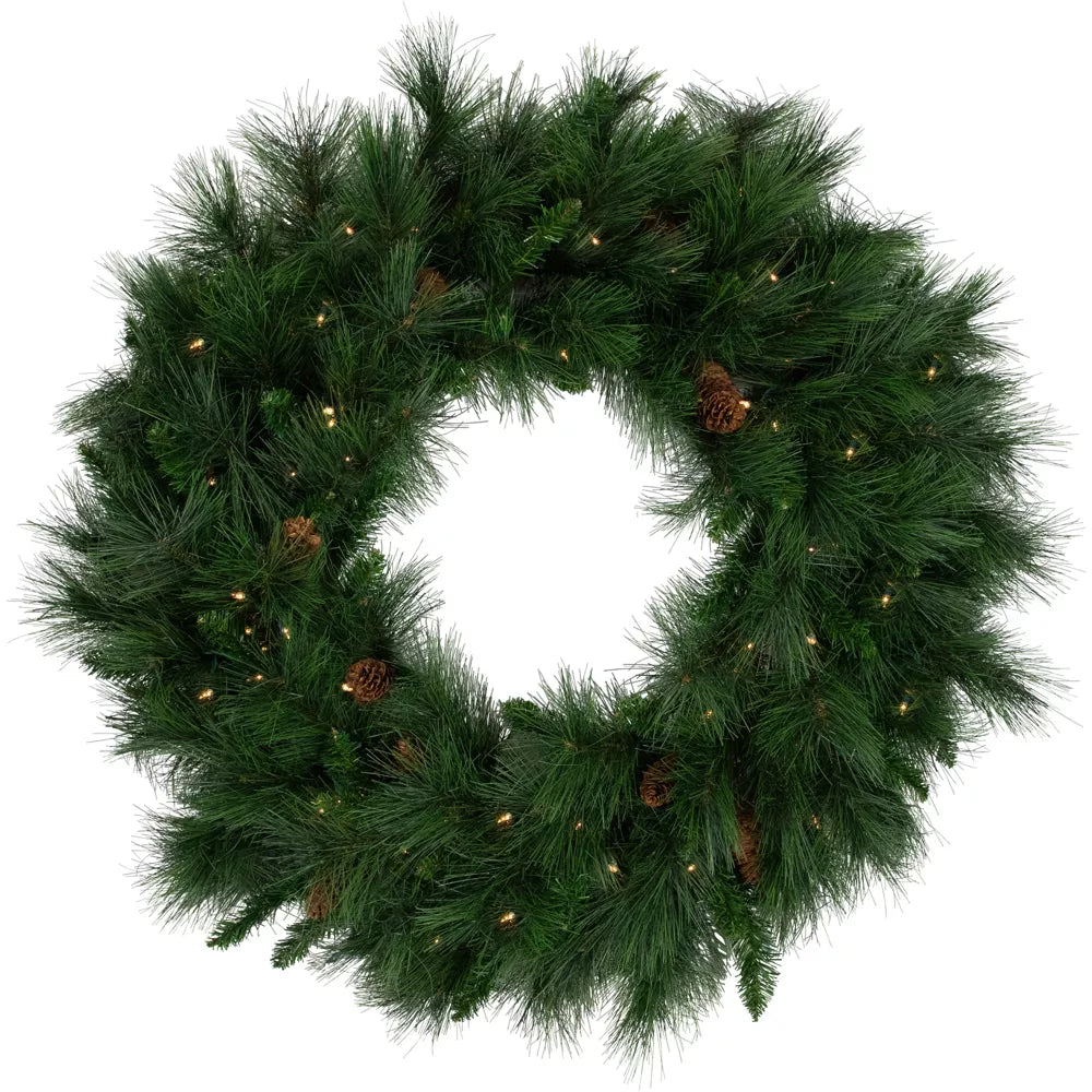 Pre-Lit White Valley Pine Wreath 36 Inch Clear Lights