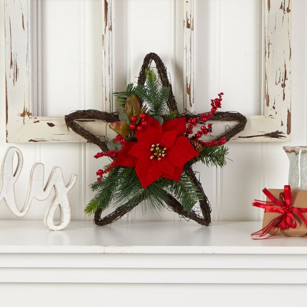 16" Holiday Poinsettia Star Twig Christmas Wreath Festive Decor