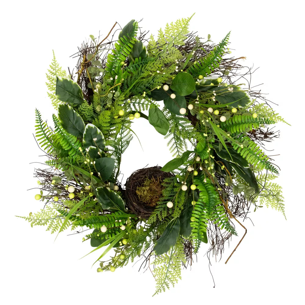 24 Inch Bird's Nest in Mixed Foliage Artificial Spring Wreath