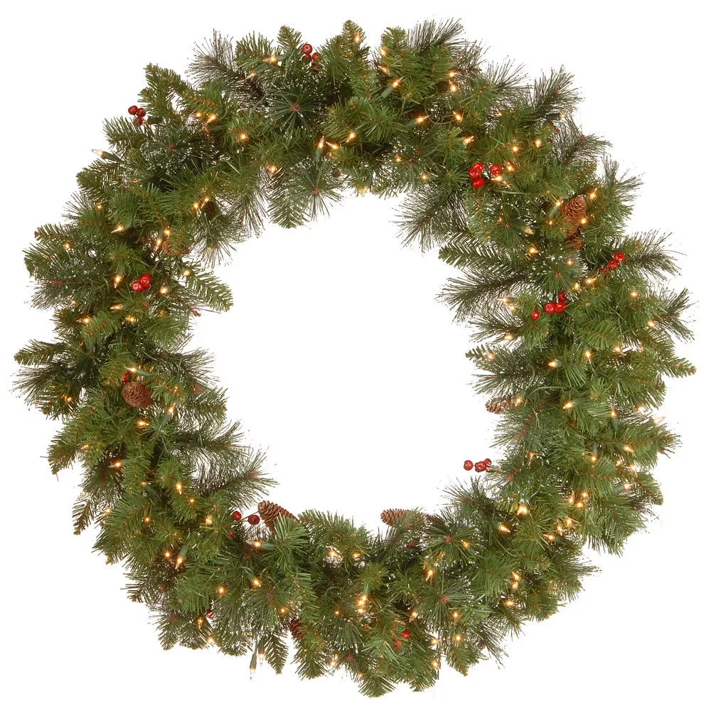 Pre-Lit Flocked Crestwood Spruce Wreath 36 Inch with Pinecones and Berries