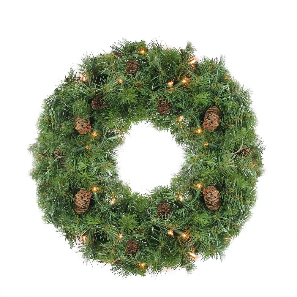 24 Inch Pre-Lit Red Pine Artificial Christmas Wreath with Clear Lights