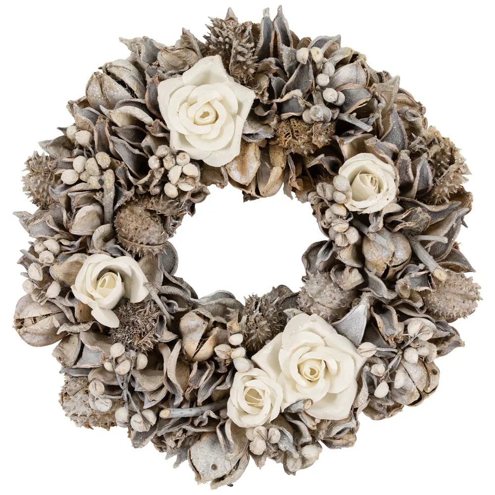 Glittered White Roses Winter Botanicals Artificial Christmas Wreath 9.5 Inch Unlit