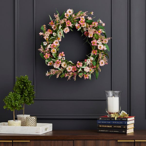 Summer Posey Artificial Mini Zinnia Caspia 24 Inch Floral Door Wreath