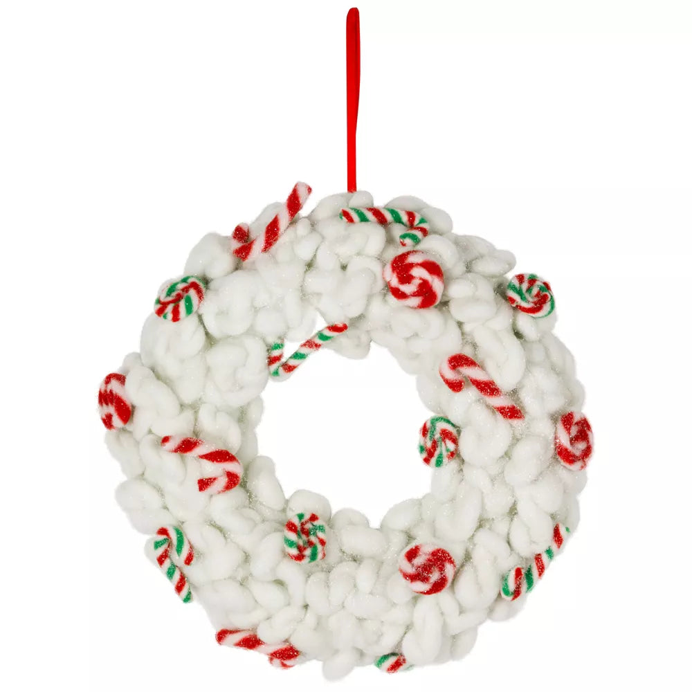 13 Inch Plush Peppermint and Candy Canes Christmas Wreath Unlit