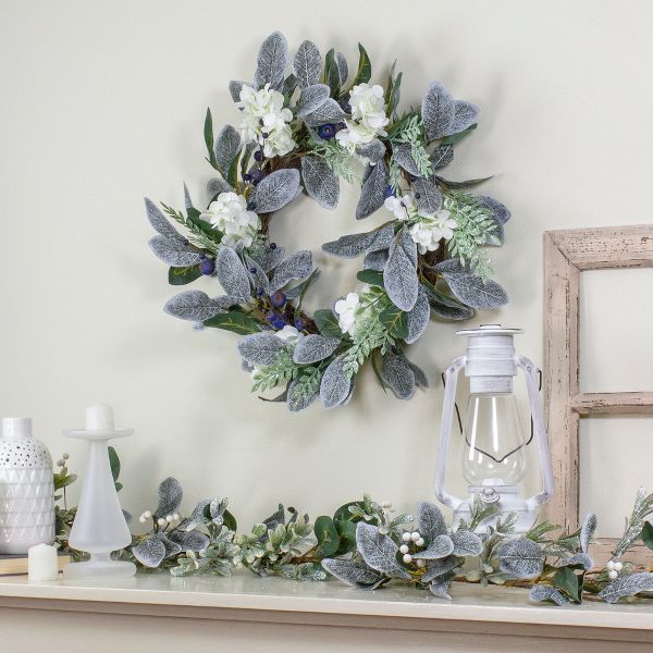 Iced Hydrangea and Blueberry Artificial Christmas Wreath with Glitter 26 Inch