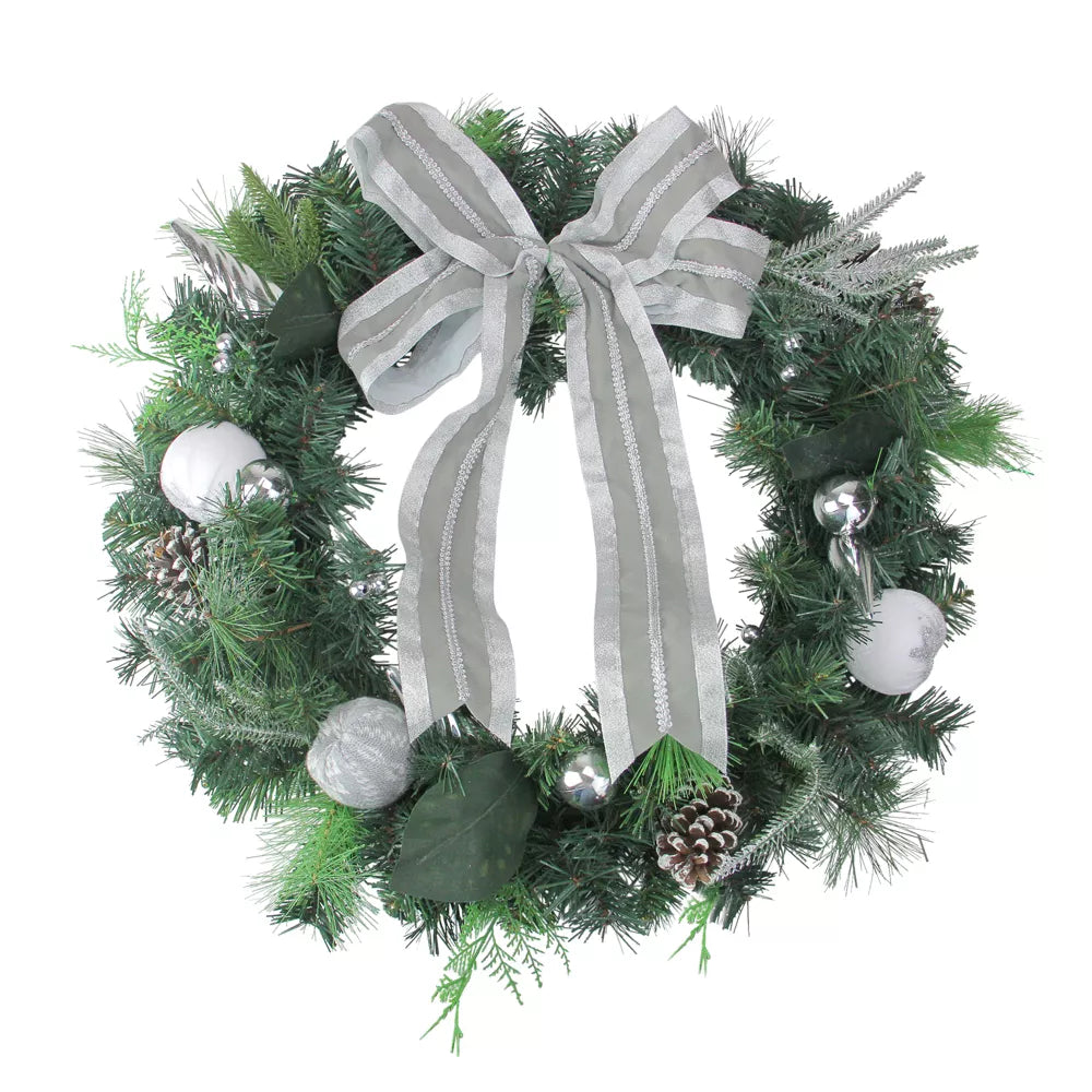 24 Inch White Silver Bow and Pine Cone Artificial Christmas Wreath Unlit