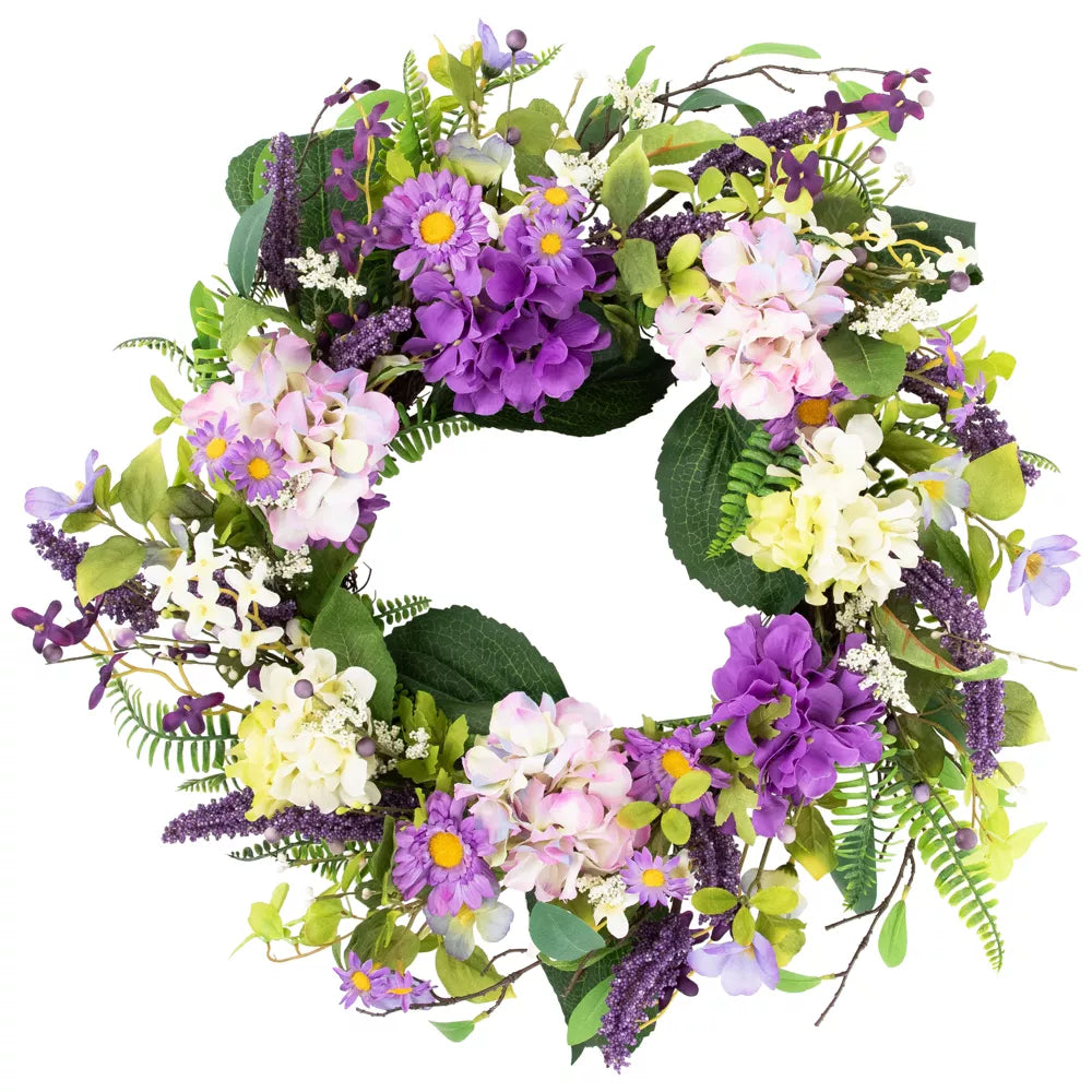 24-Inch Hydrangea and Foliage Spring Floral Twig Wreath – Purple