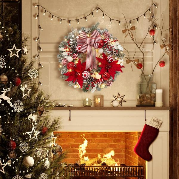 24" Pre-Lit Red & White Christmas Wreath for Front Door