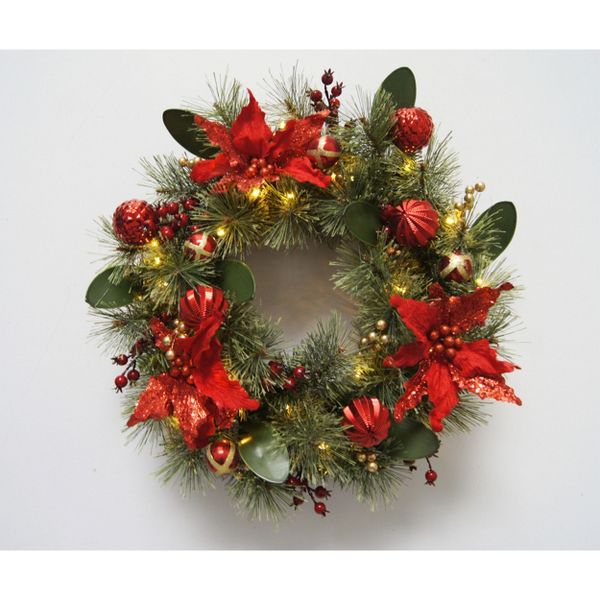 24" Pine Wreath with Poinsettias & LED Lights – Xmas Decor