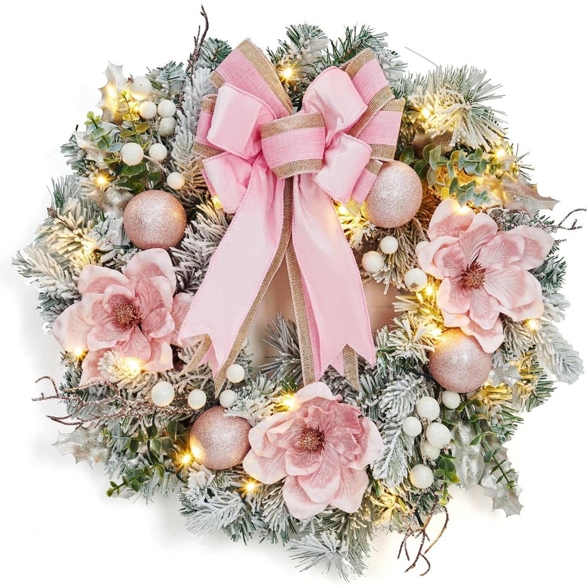 24 Inch Pink Pre-Lit Christmas Wreath with White Snow Flocking, Balls & Bow – Front Door & Fireplace Holiday Decoration