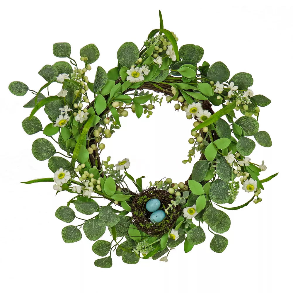 20 Inch Artificial Floral Spring Wreath with Birds Nest