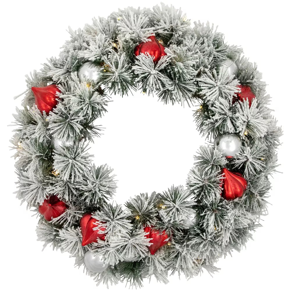 24" Pre Lit Battery Operated Snowy Bristle Pine Christmas Wreath with Warm White LED Lights
