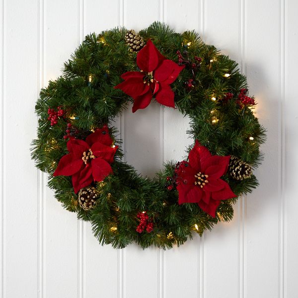 24" Poinsettia Berry Pinecone Wreath – LED Holiday Decor