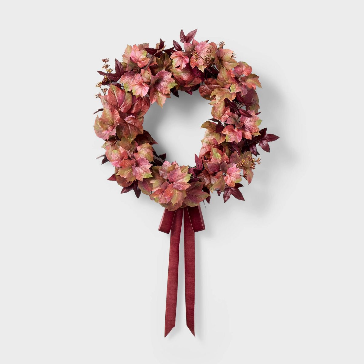 24-Inch Mixed Leaf Artificial Fall Wreath – Red Autumn Décor