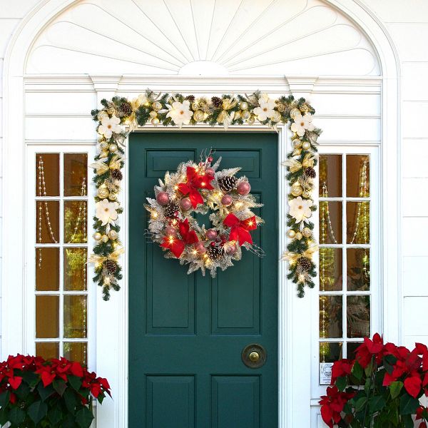 24" Pre-Lit Christmas Wreath with 30 LED Lights for Front Door