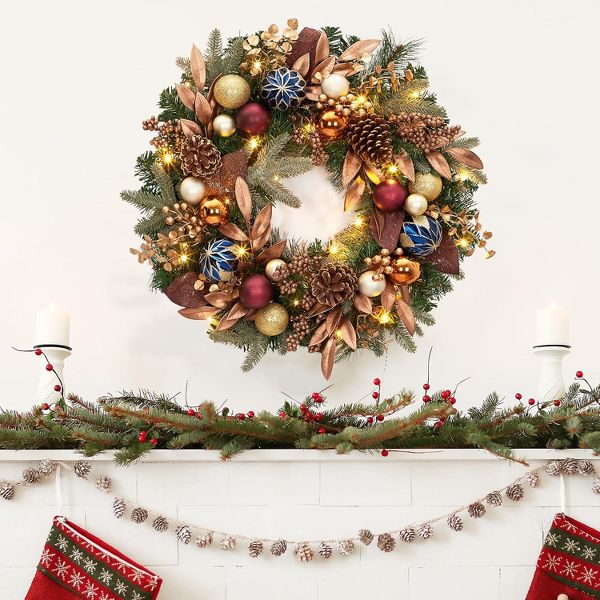 24" Pre Lit Christmas Wreath with Pine Cones, Berries & Gold Ornaments