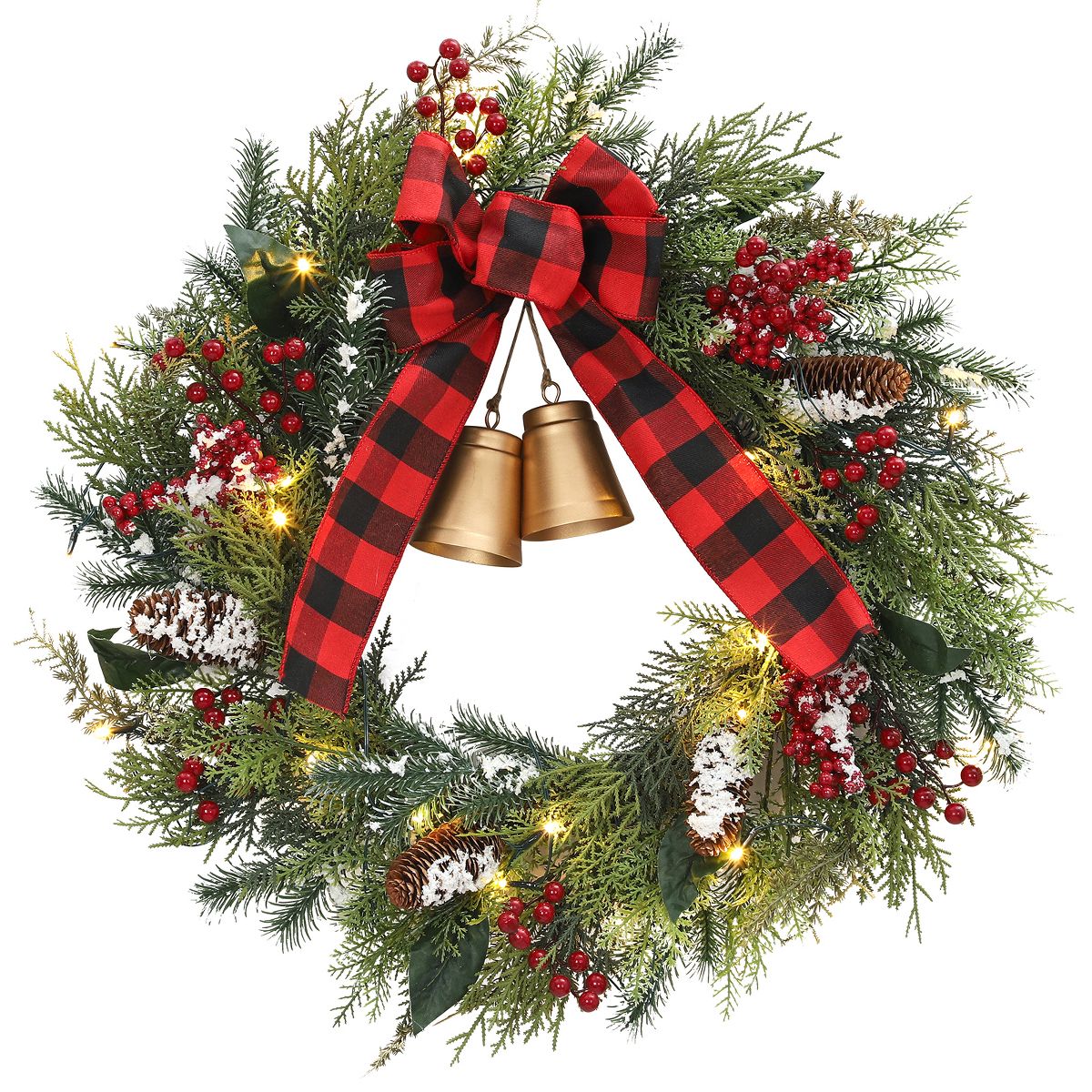 24-Inch Pre-Lit Christmas Wreath with Bow, Bell, Berries, and Pine Cones – Holiday Front Door Décor
