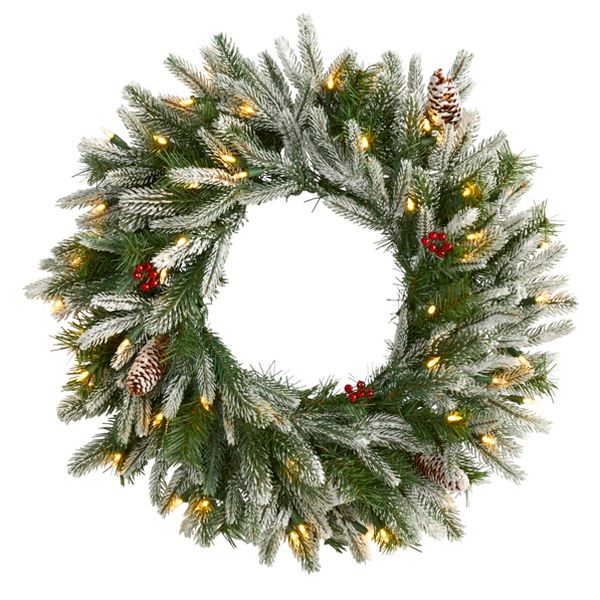 24" Snowed Artificial Christmas Wreath with 50 Warm White LED Lights