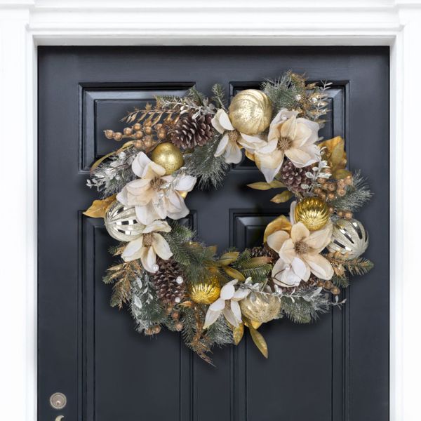 28" White Poinsettia Pine Wreath – Green & Gold Holiday Decor