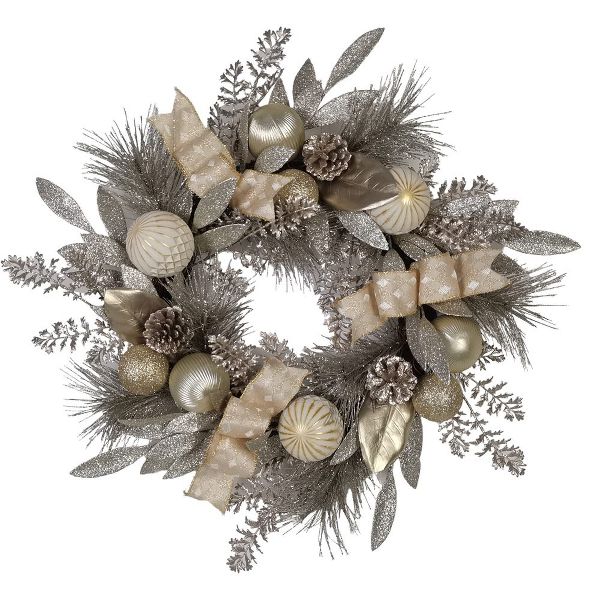 24-Inch Silver and Gold Champagne Rattan Wreath – Elegant Unlit Decorative Holiday Wreath for Home Fall & Winter Décor