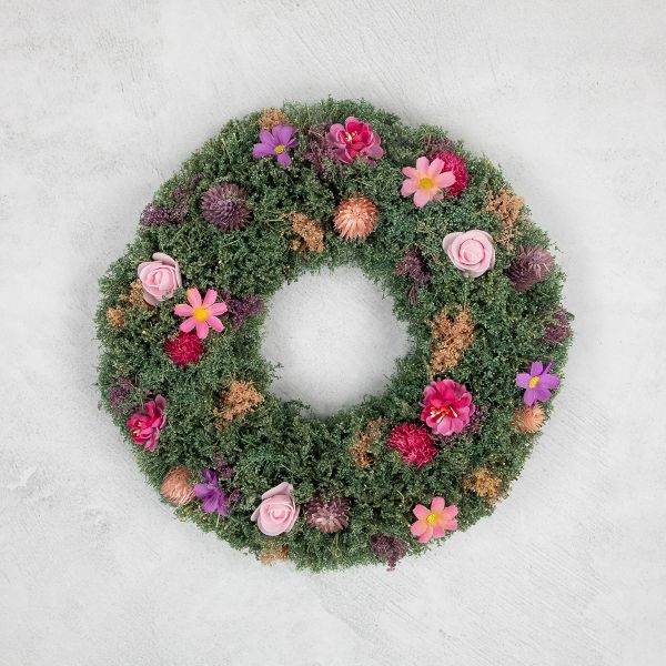 13" Mixed Floral Spring Wreath with Thistle Pink and Purple Accents