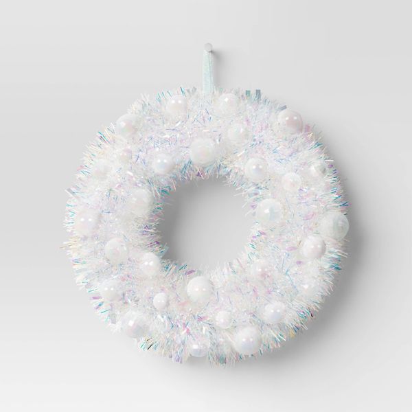 Iridescent Tinsel Christmas Wreath with Plastic Ornaments Shimmering Holiday Wall Décor