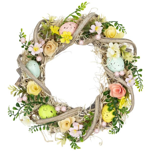 12" Artificial Easter Wreath with Flowers and Speckled Eggs Spring Door Decoration