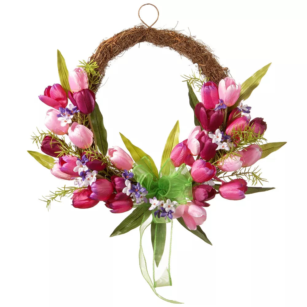 Artificial Tulip Twig Wreath 20 Inch Pink Spring Seasonal Decoration