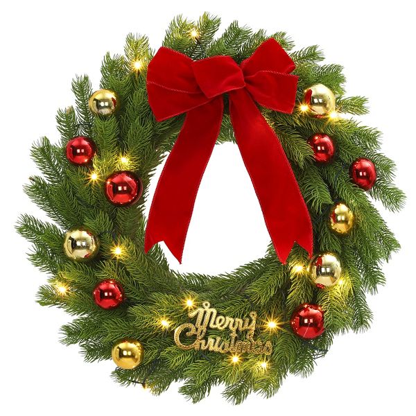 24 In Christmas Wreath Pre-Lit LED Lights Red Bow Balls Decor
