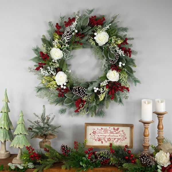 30” Mixed Foliage & Rose Artificial Christmas Wreath