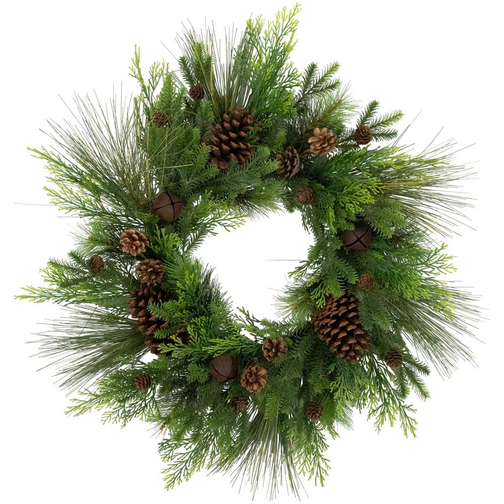 26 Inch Real Touch Pinecones and Jingle Bells Artificial Christmas Wreath Unlit