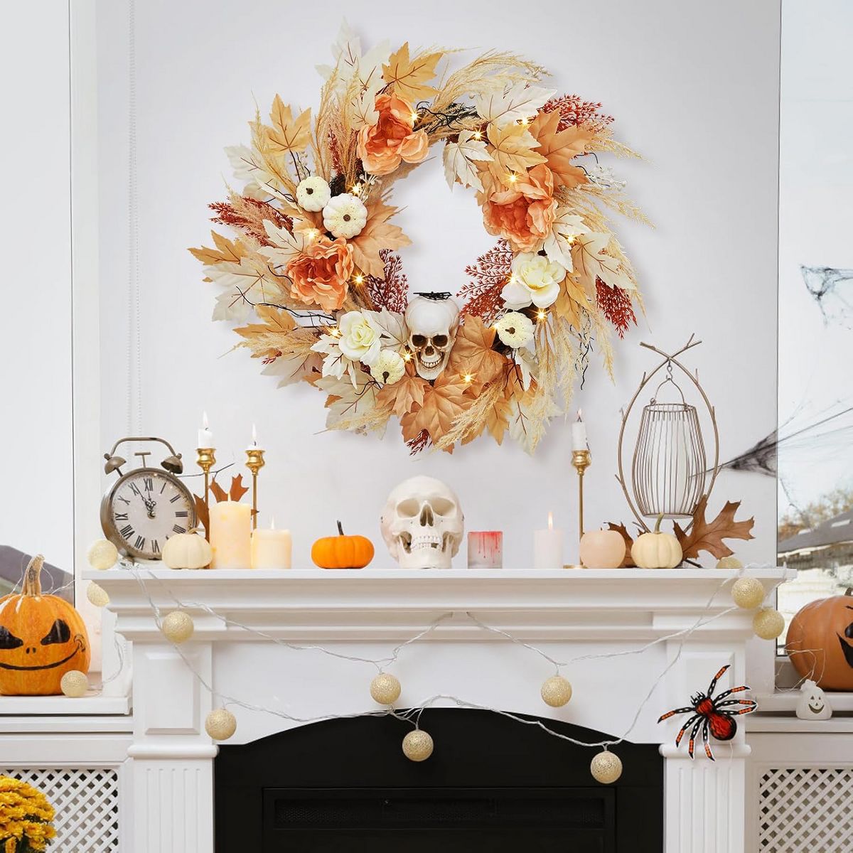 22 Inch Artificial Halloween Wreath with White Pumpkins, Roses & Maple Leaves – Indoor/Outdoor Decoration