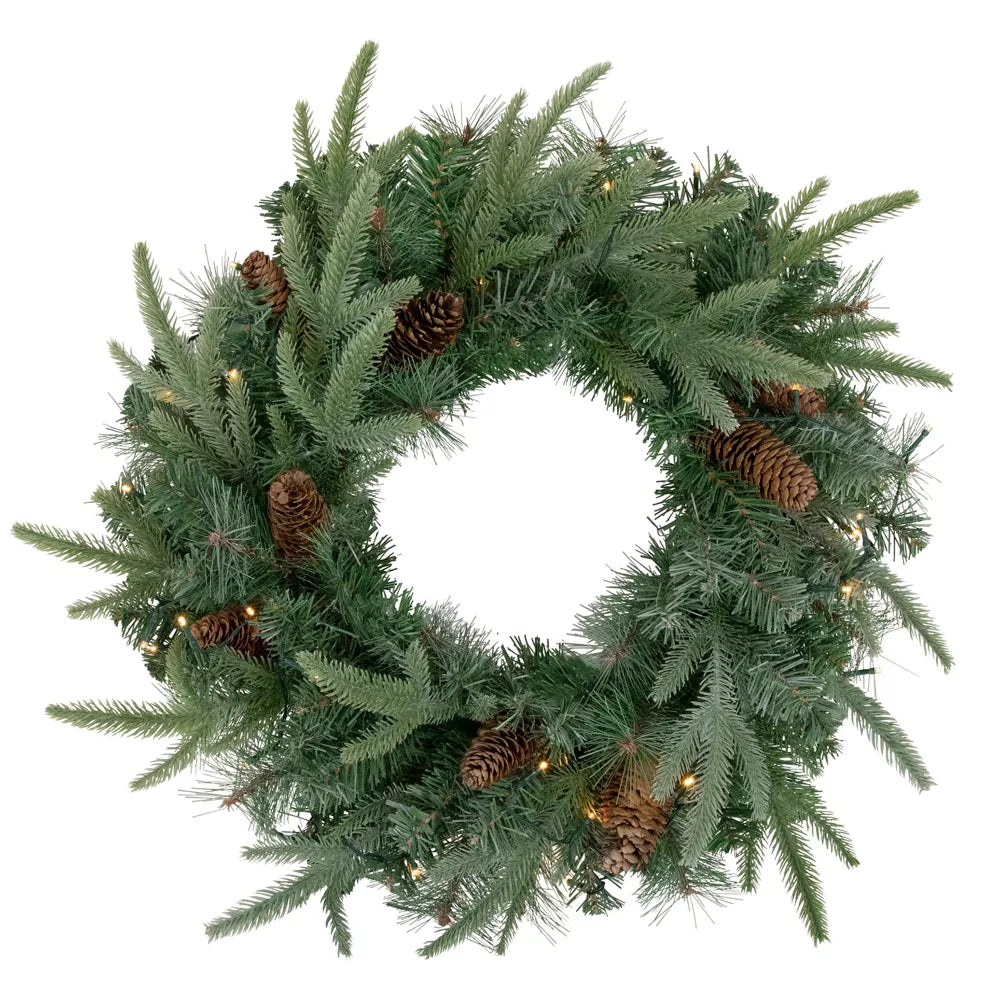 24" Pre-Lit Battery Operated Mixed Pine and Pinecone Christmas Wreath with Warm White LED Lights