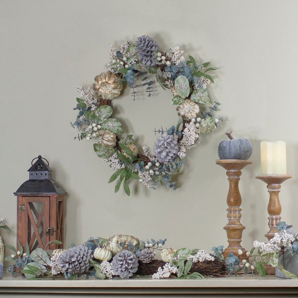 18 Inch Neutral Pumpkin and Pine Cone Fall Harvest Wreath
