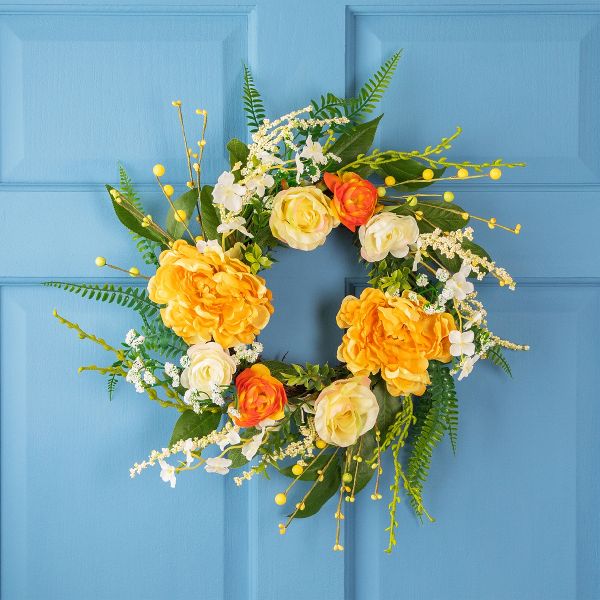 16 Inch Orange Hydrangea and Rose Artificial Floral Twig Wreath