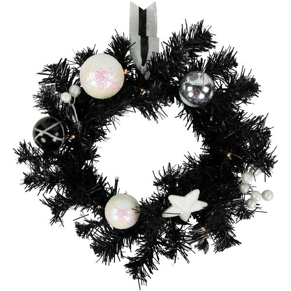 16-Inch Pre-Lit Black Pine Christmas Wreath Battery Operated with Cool White LED Lights