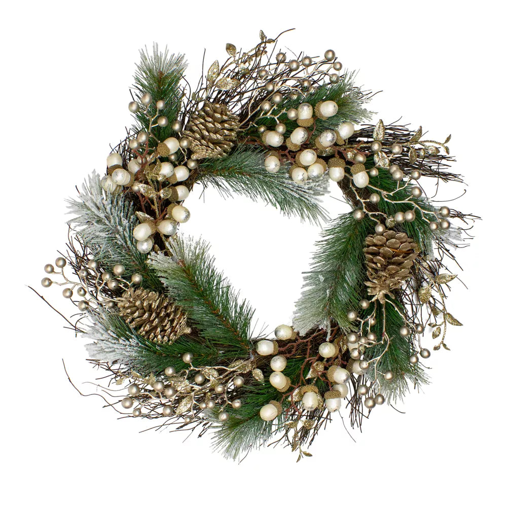 22 Inch Acorn and Pine Cone Flocked Pine Needle Artificial Christmas Wreath Unlit