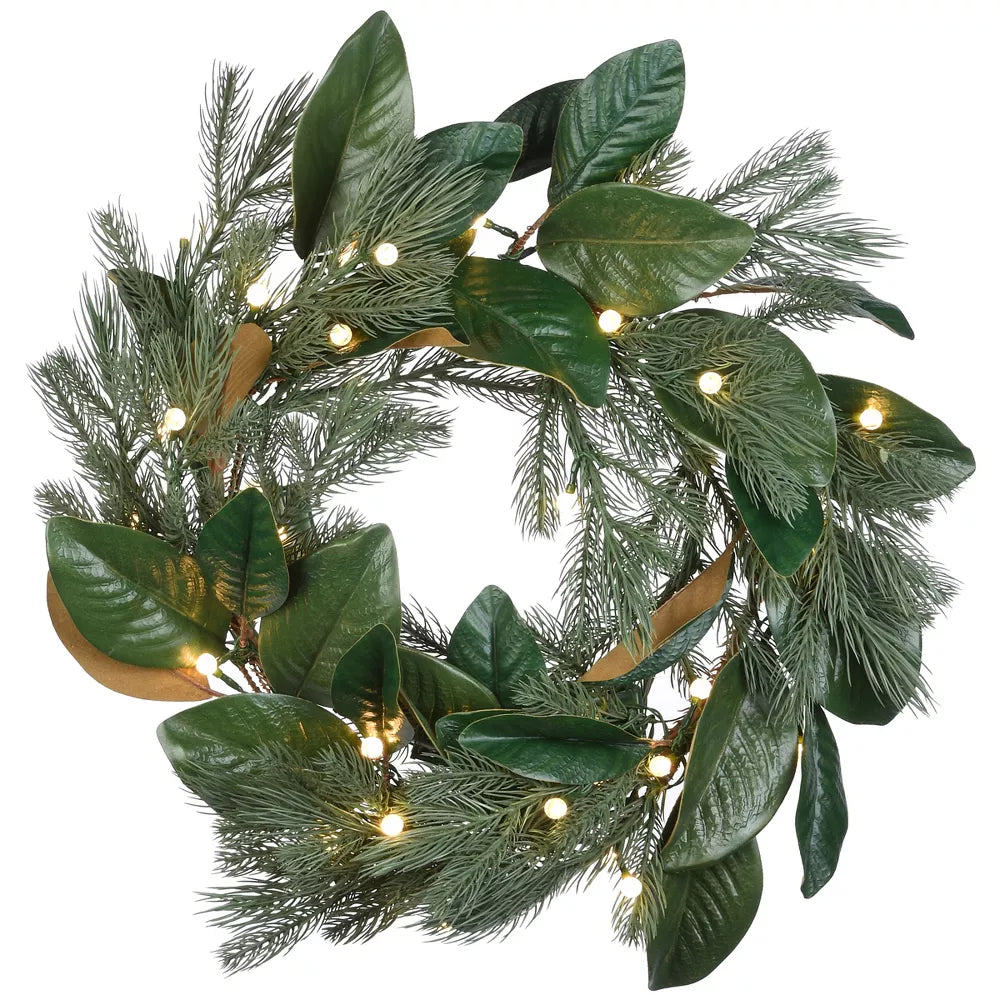 24-Inch Pre-Lit Magnolia Mix Pine Artificial Christmas Wreath – Warm White LED Lights