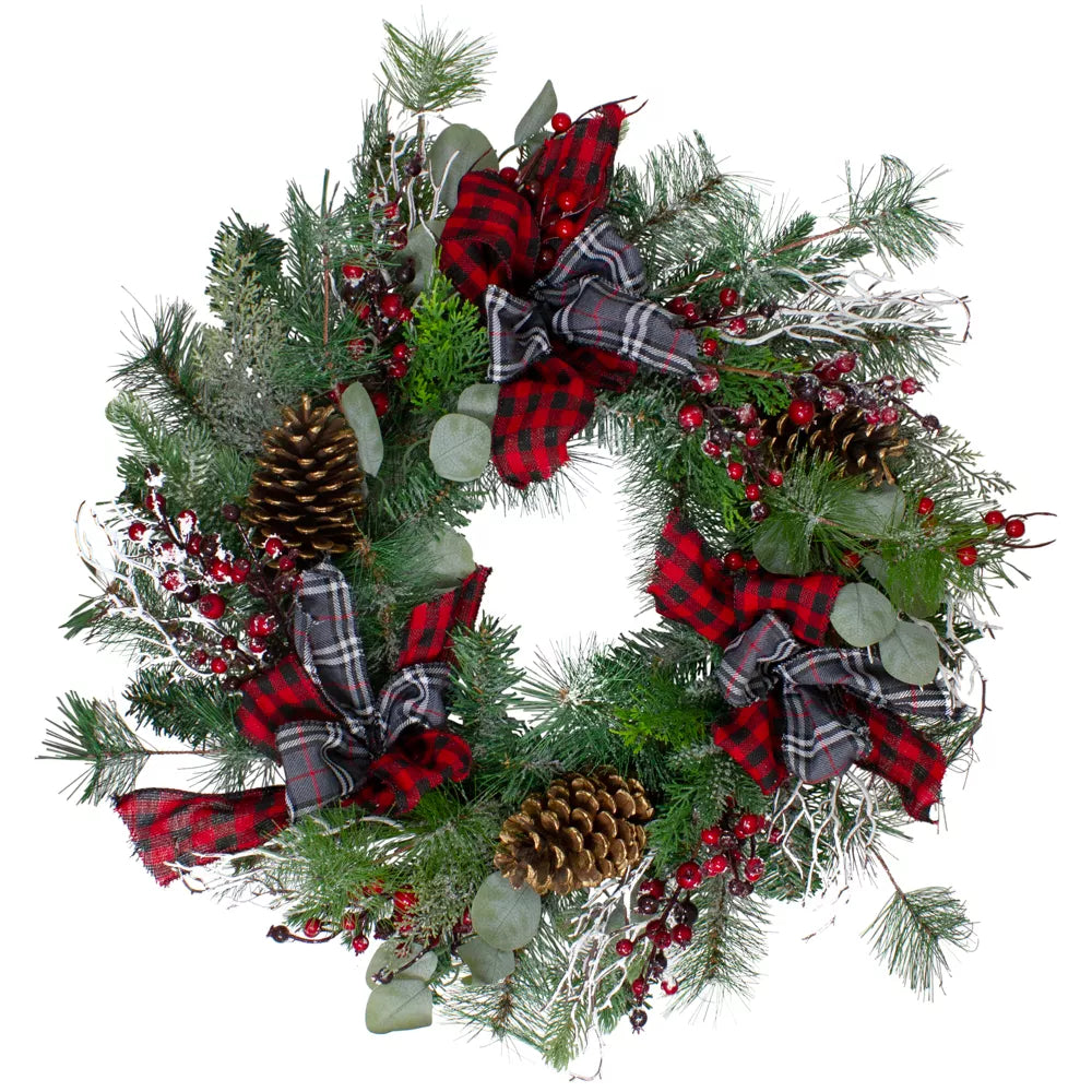 24 Inch Dual Plaid and Berries Artificial Christmas Wreath Unlit