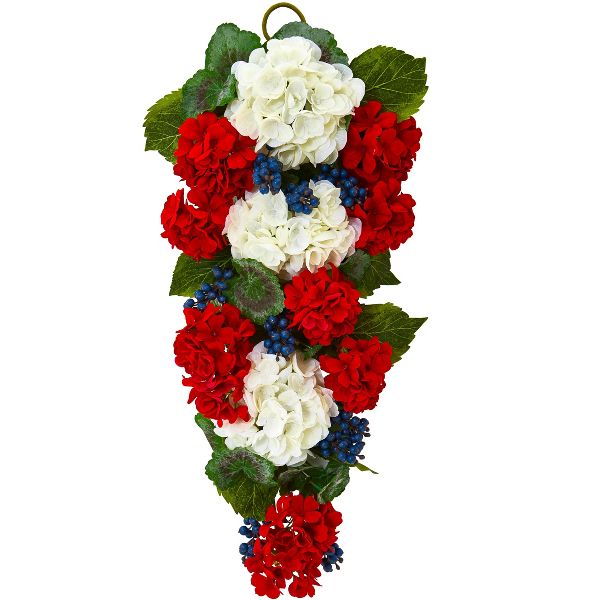 26" Geranium and Blueberry Artificial Teardrop Wreath