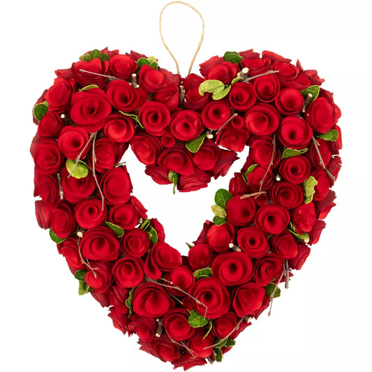 Wooden Roses Valentine's Day Heart Wreath 13.5 Inch Red