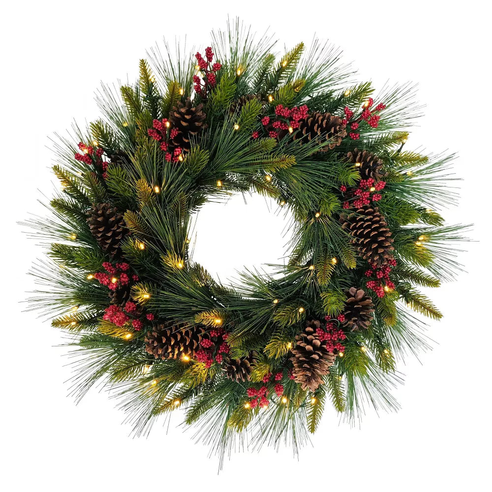 26-Inch Pre-Lit Artificial Pinecone and Berry Christmas Wreath