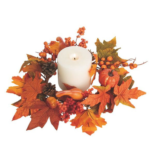 Transpac 14 Inch Orange Harvest Maple Leaf Berry Candle Ring Wreath